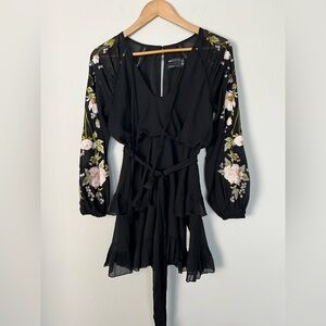 ASOS Petite blouson sleeve tiered mini dress embroidery detail and tie in black‎